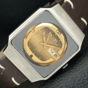 Vintage 1988 Ricoh Automatic Mens Silver Watch W/daydate & Gold accents